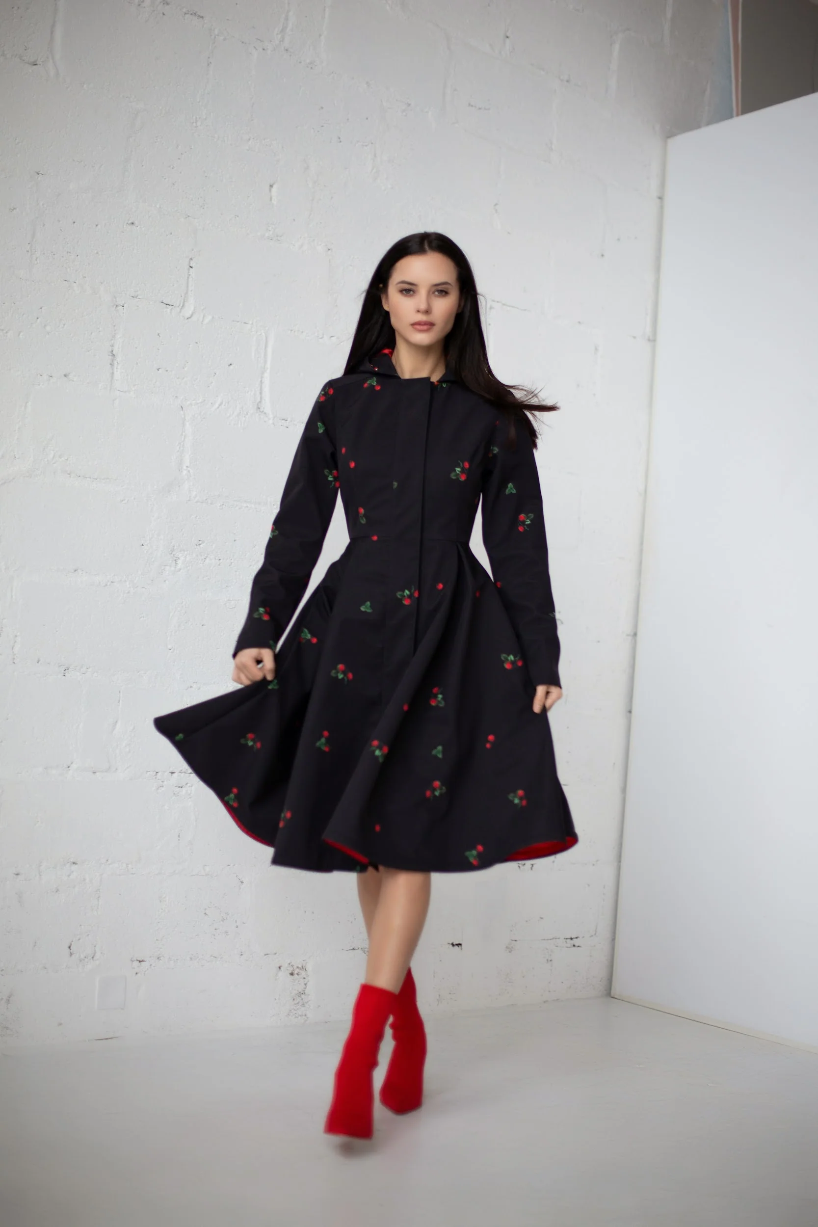 Fit and Flare Black Coat with Pleated Skirt and Strawberry Print | Wild Strawberry - Image 3