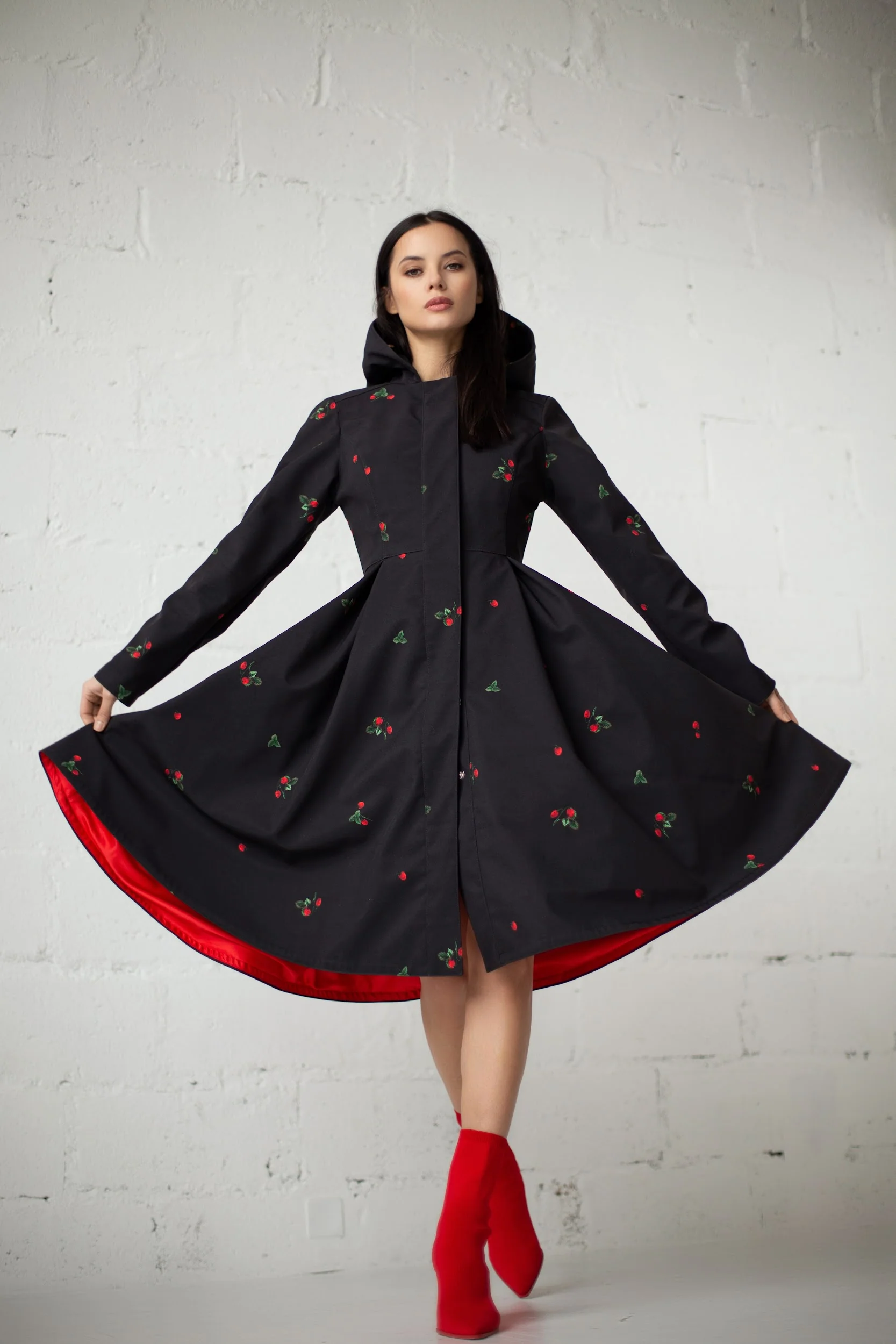 Fit and Flare Black Coat with Pleated Skirt and Strawberry Print | Wild Strawberry - Image 5
