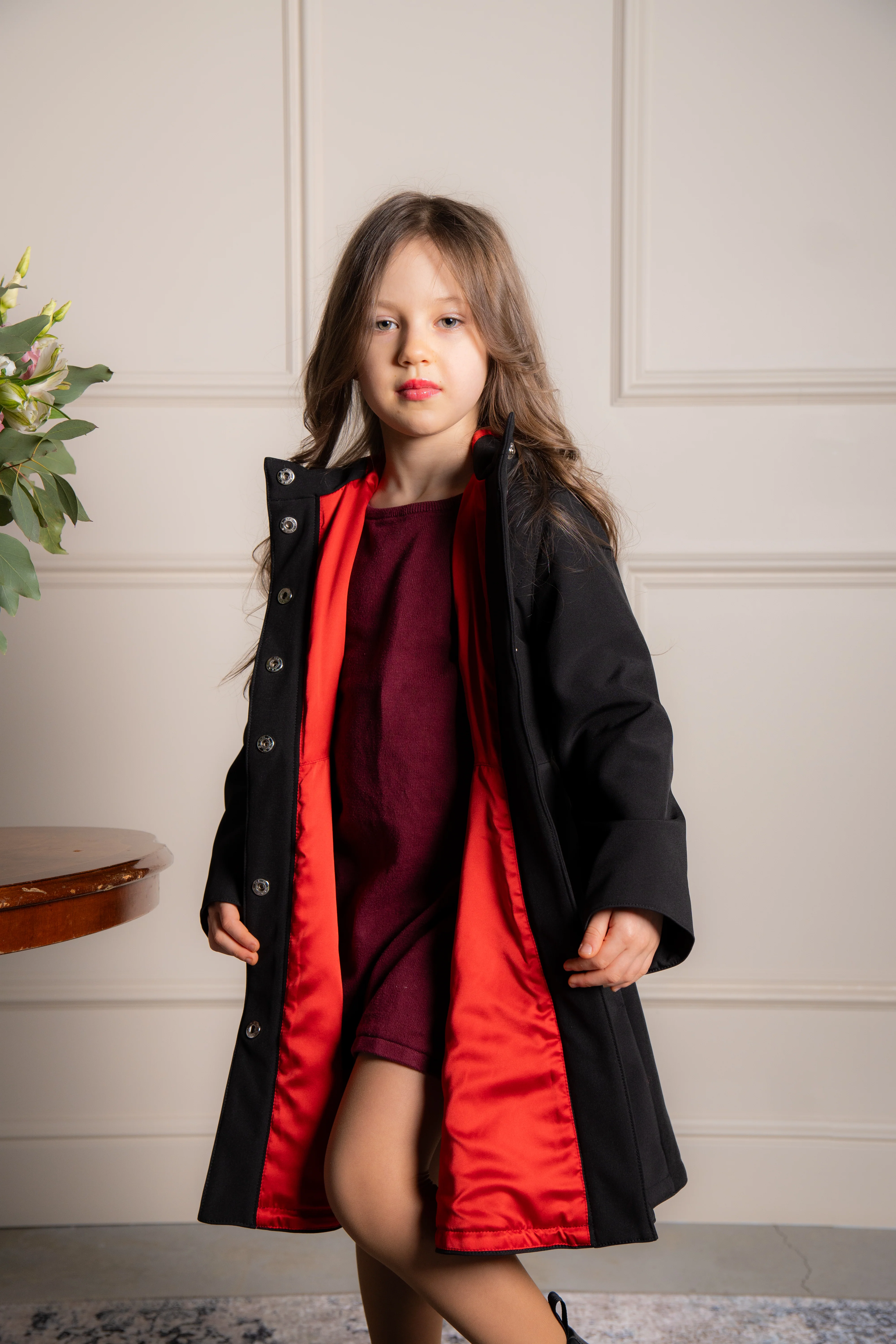 Black Girl's Coat with Bright Red Lining | Raven Red - Image 4