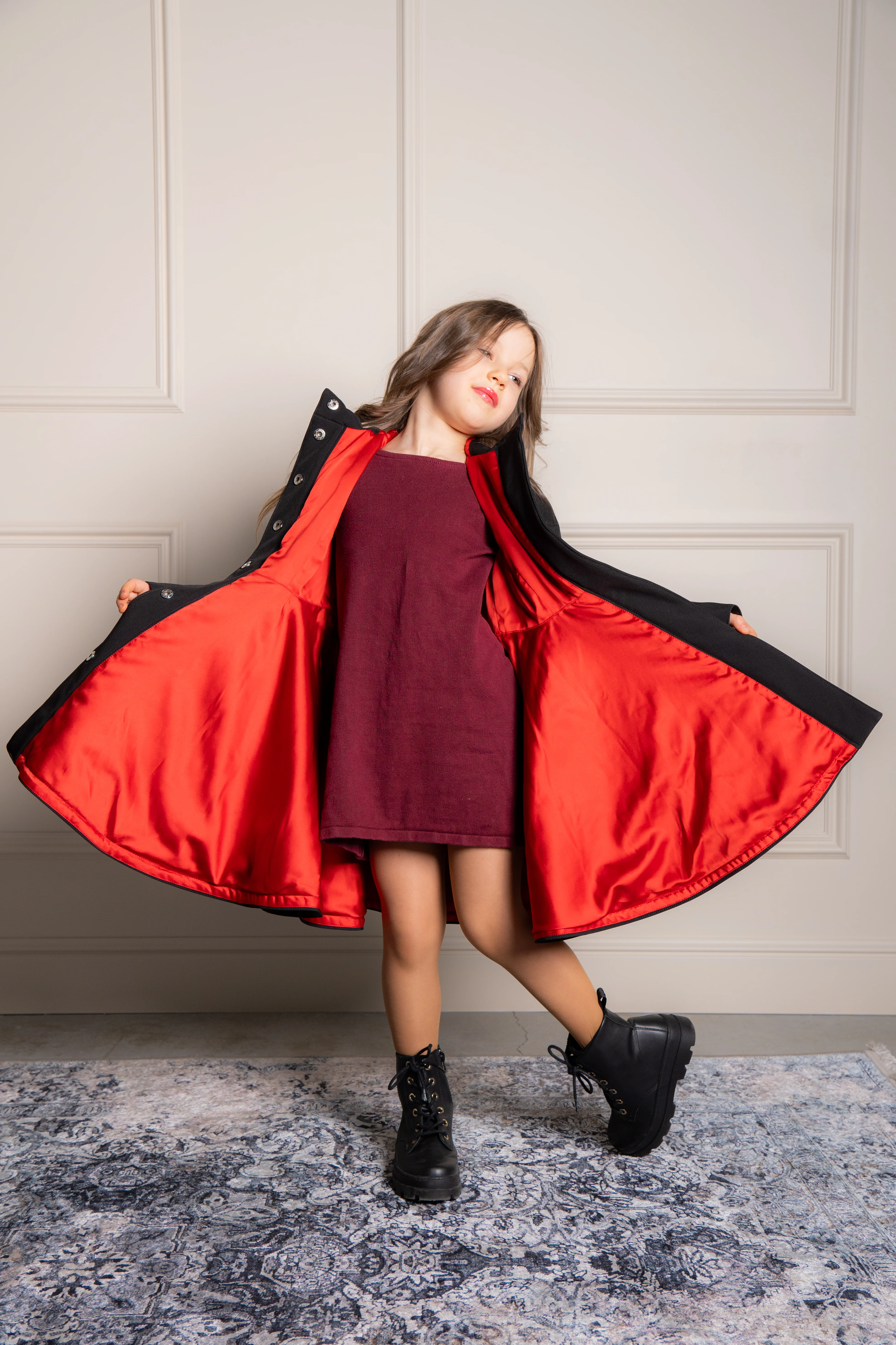 Black Girl's Coat with Bright Red Lining | Raven Red - Image 5