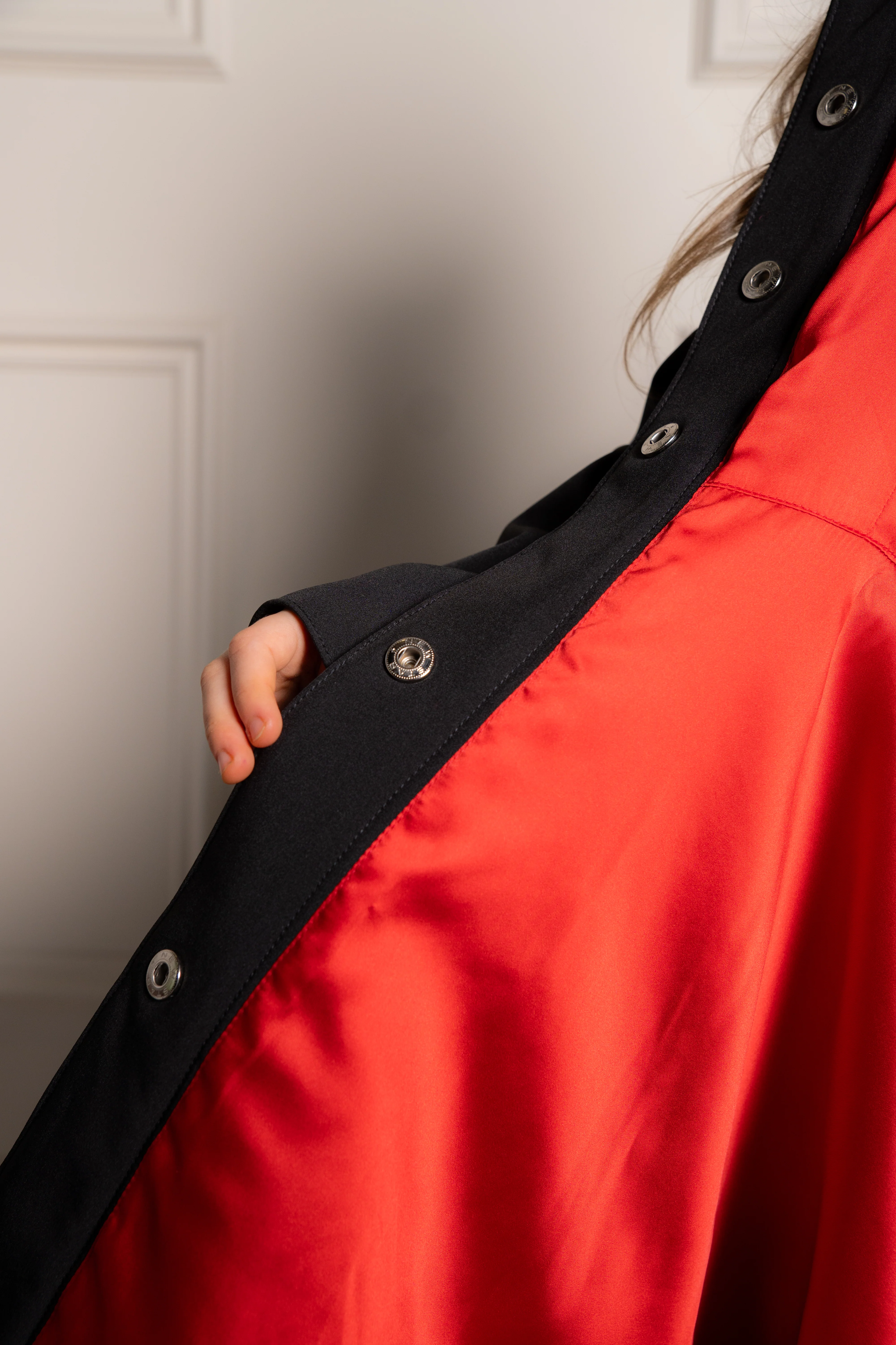 Black Girl's Coat with Bright Red Lining | Raven Red - Image 6