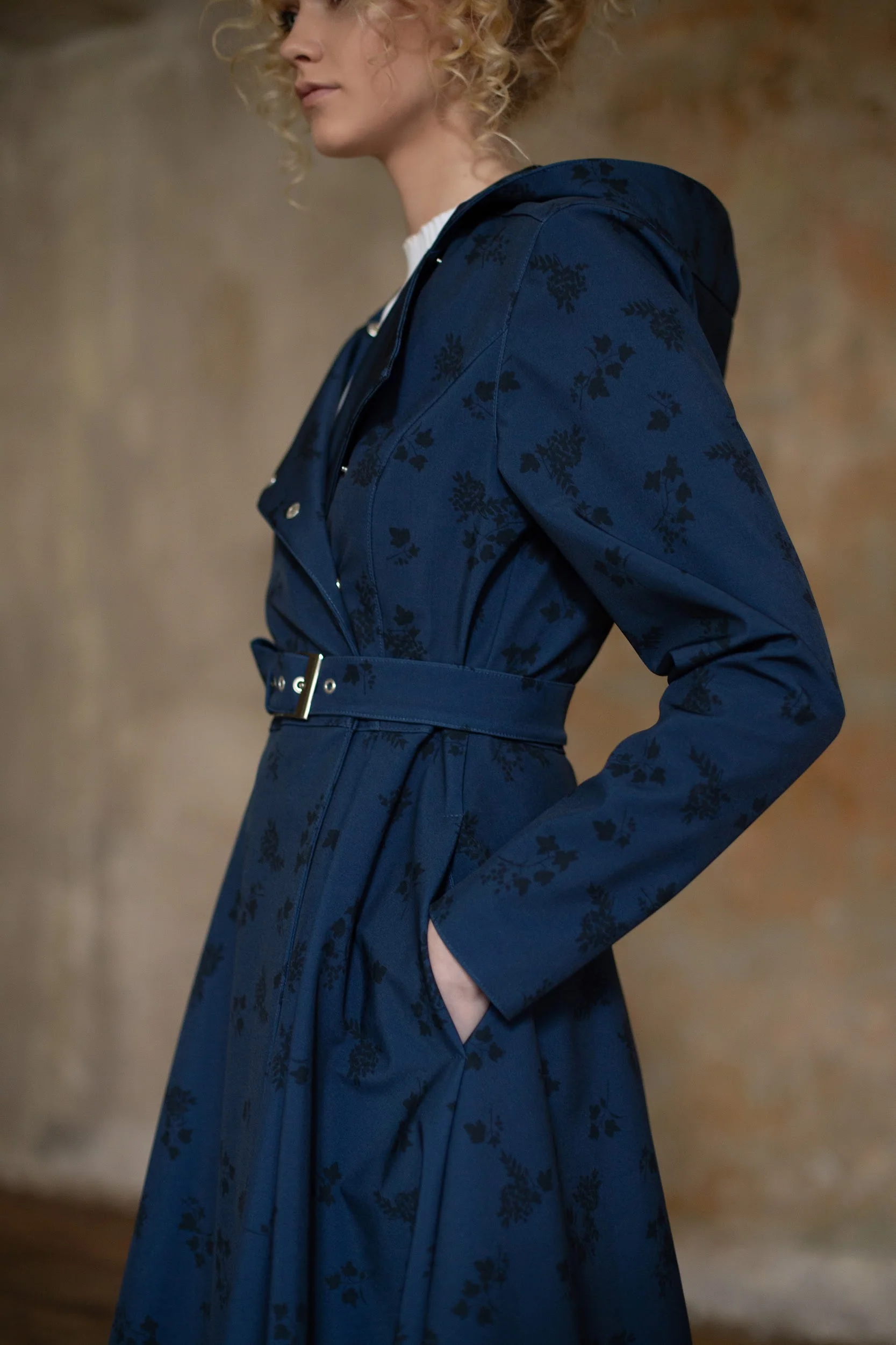 Double Breasted Trench Coat in Dark Blue with Black Floral Print | Blue Frost - Image 4