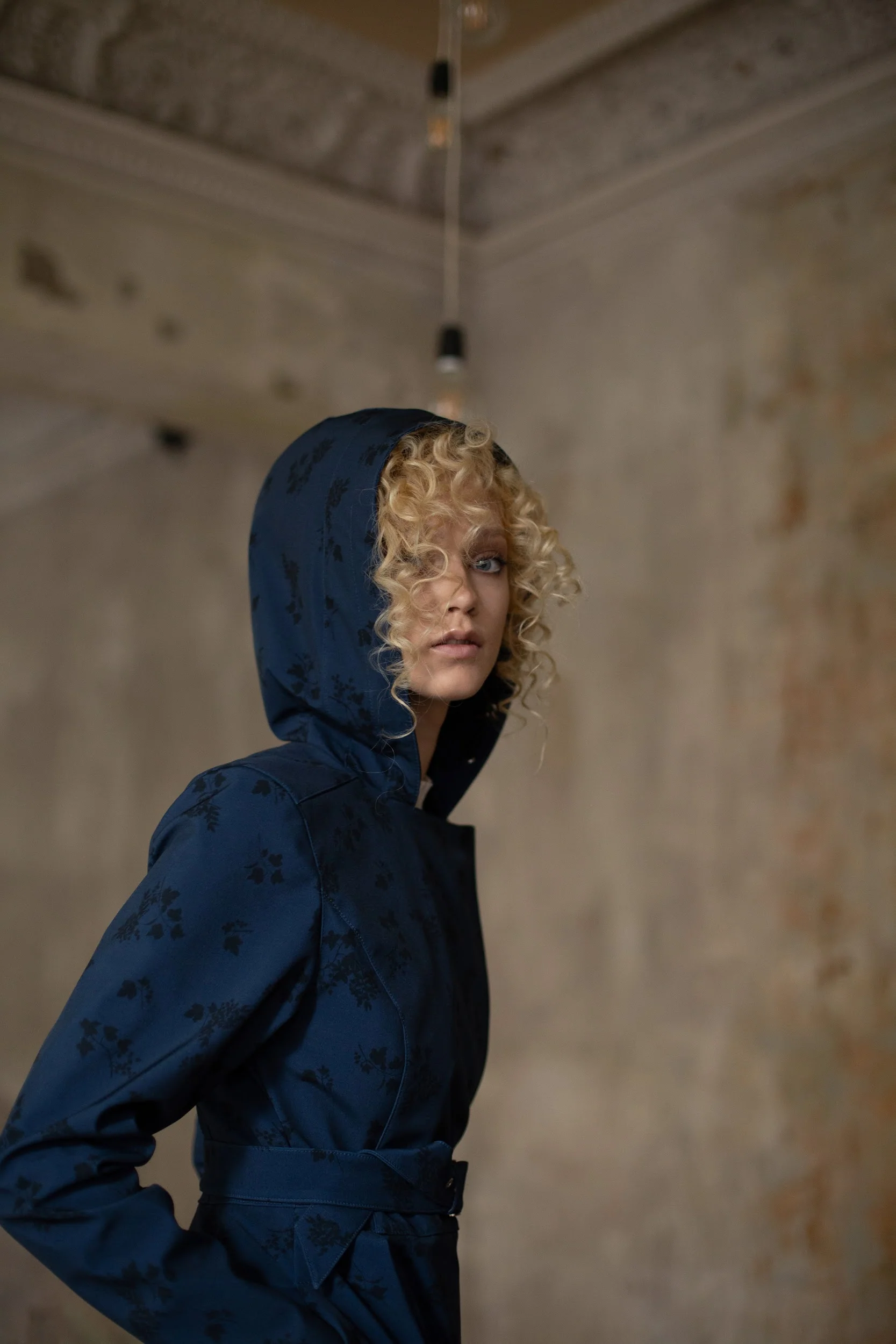 Double Breasted Trench Coat in Dark Blue with Black Floral Print | Blue Frost - Image 6