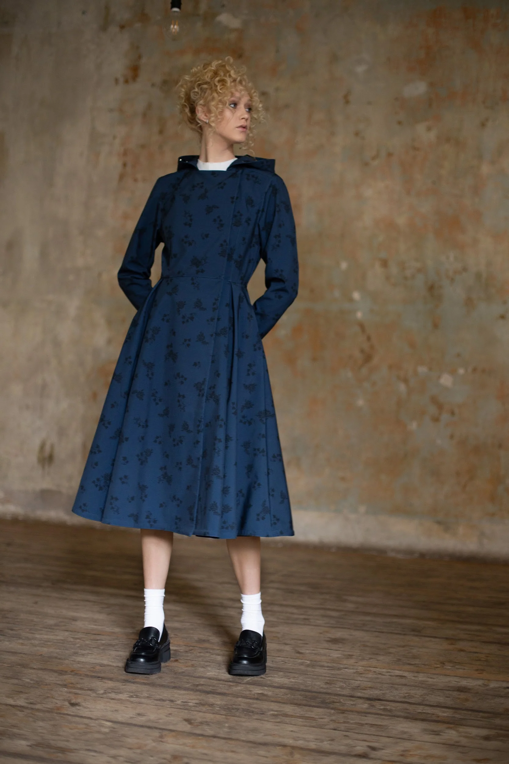 Double Breasted Trench Coat in Dark Blue with Black Floral Print | Blue Frost - Image 7