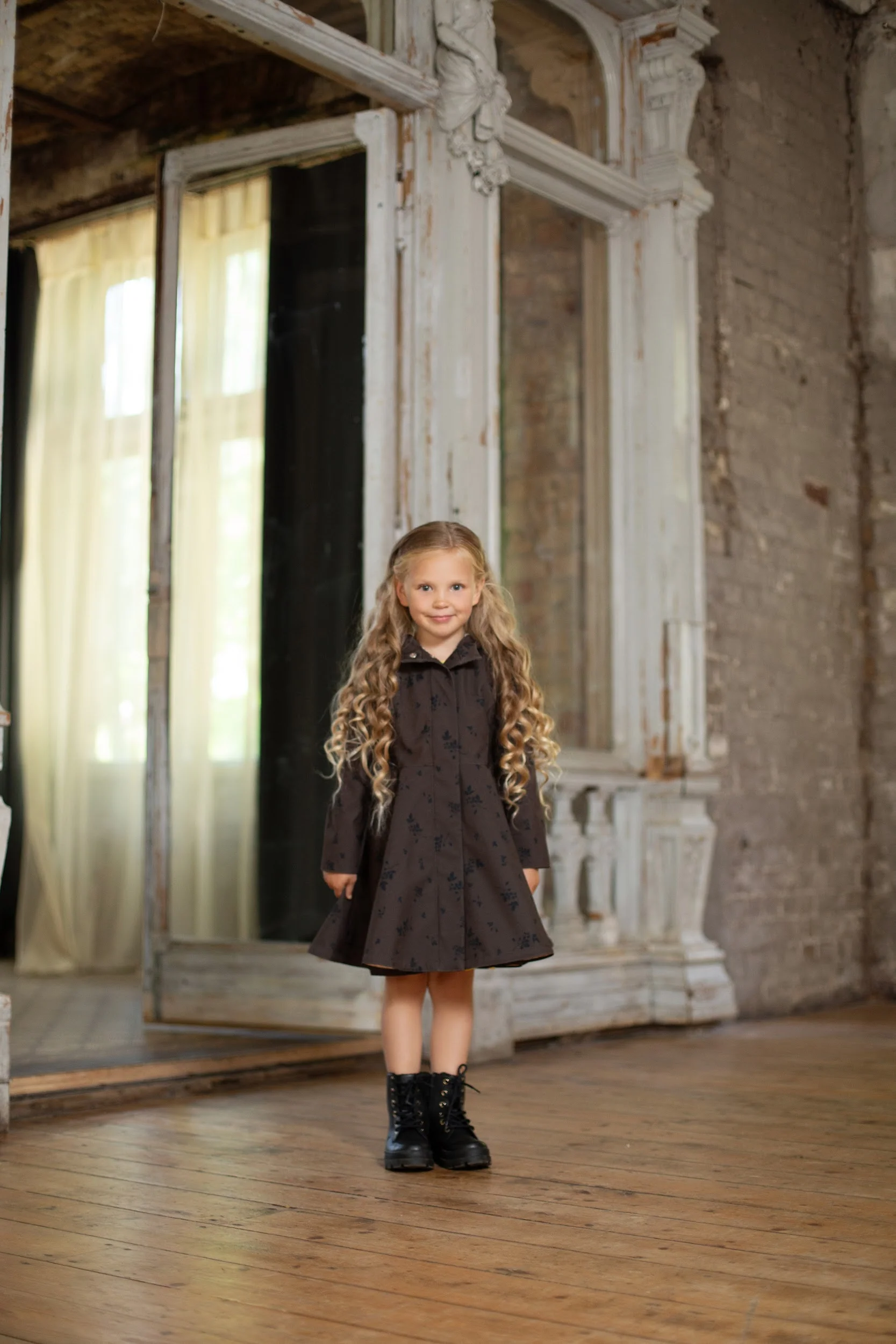 Dark Brown Coat with Black Floral Print for Girls | Velvet Leaves - Image 3