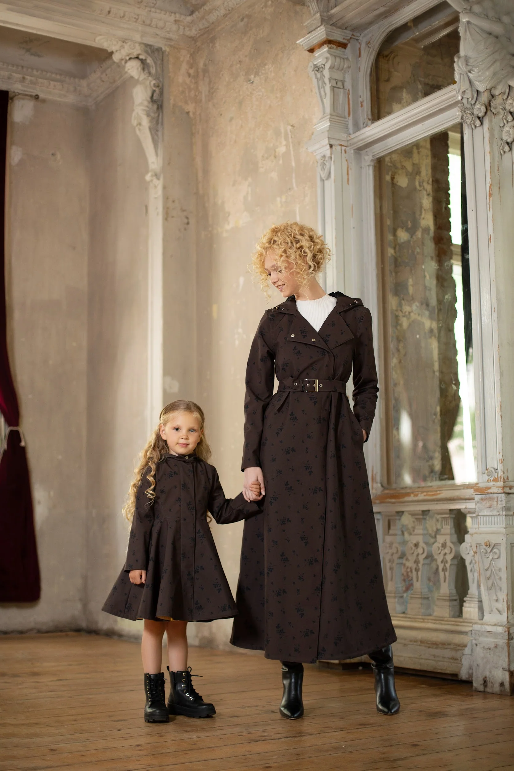 Dark Brown Coat with Black Floral Print for Girls | Velvet Leaves - Image 7