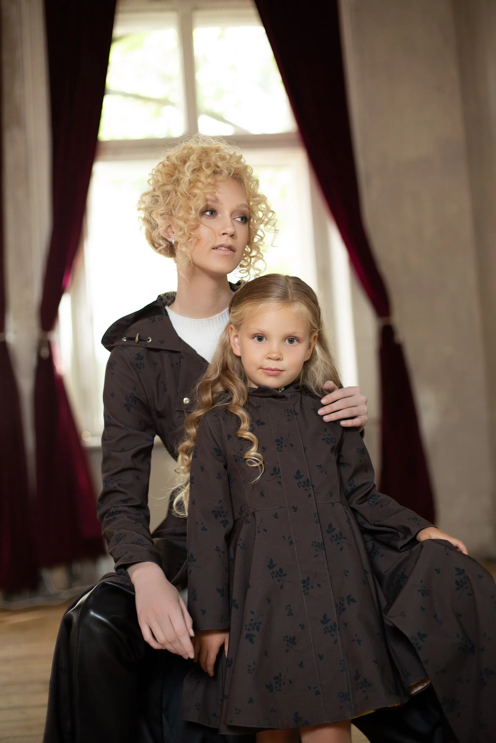 Dark Brown Coat with Black Floral Print for Girls | Velvet Leaves - Image 8