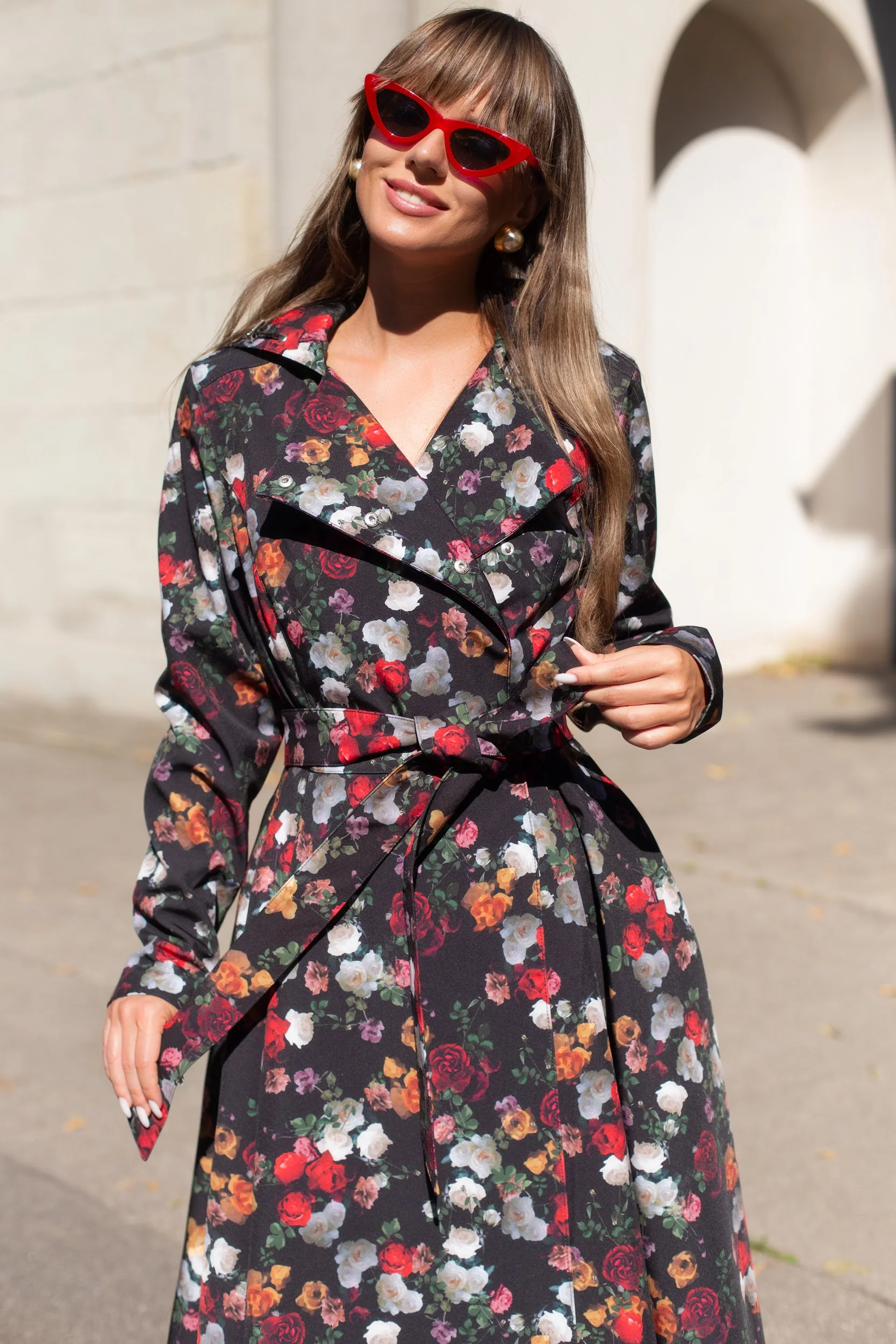 Double Breasted Trench Coat in Black and Red | Rose Garden - Image 3