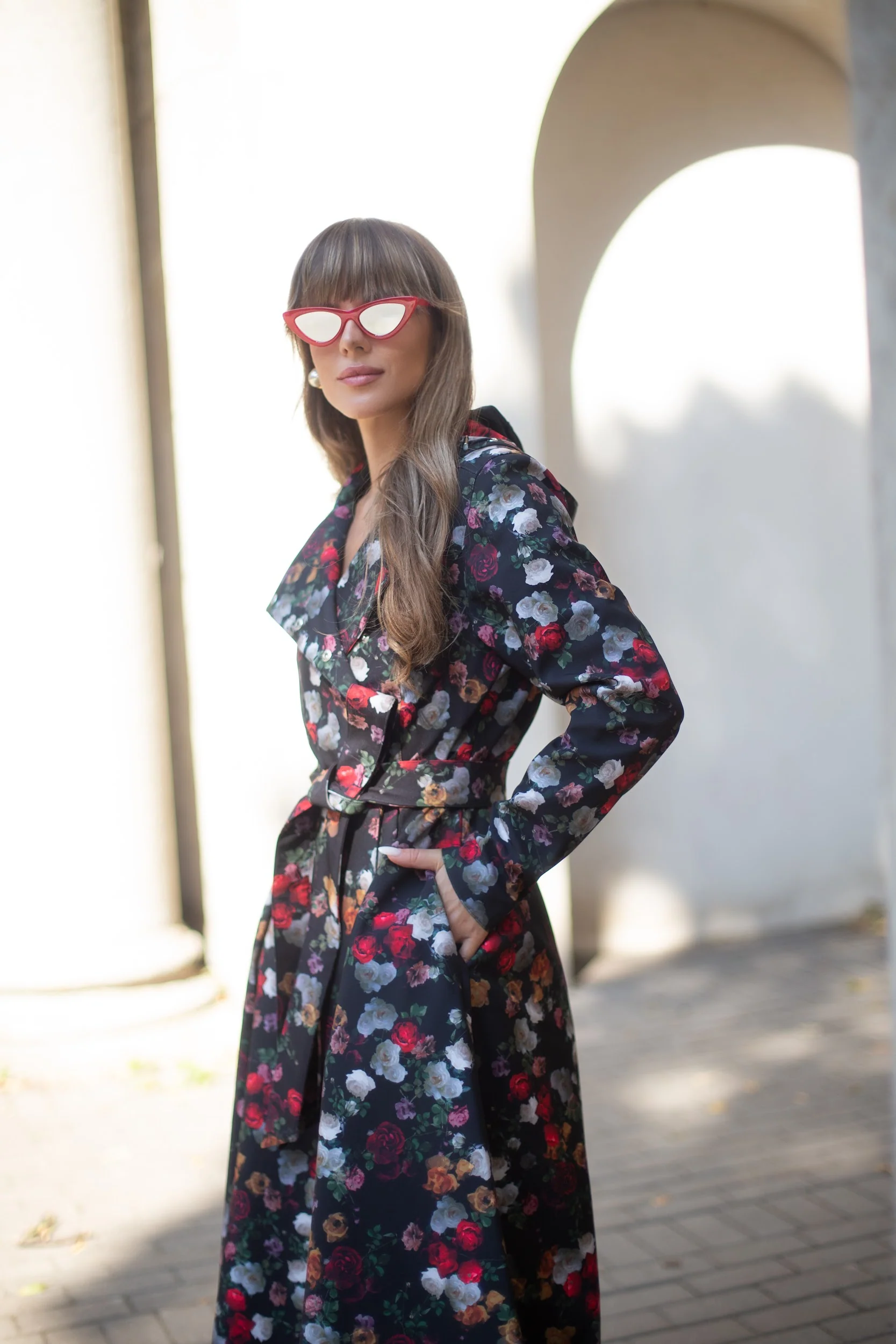 Double Breasted Trench Coat in Black and Red | Rose Garden - Image 5