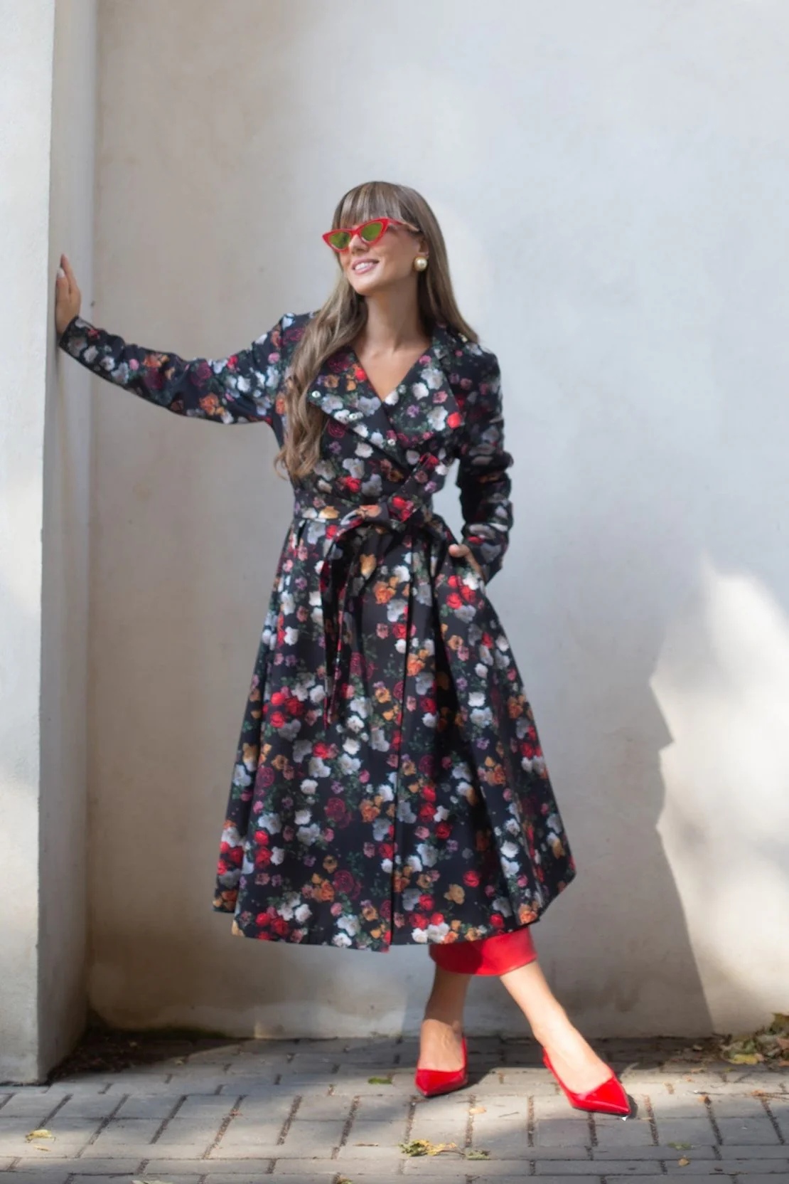 Double Breasted Trench Coat in Black and Red | Rose Garden - Image 6