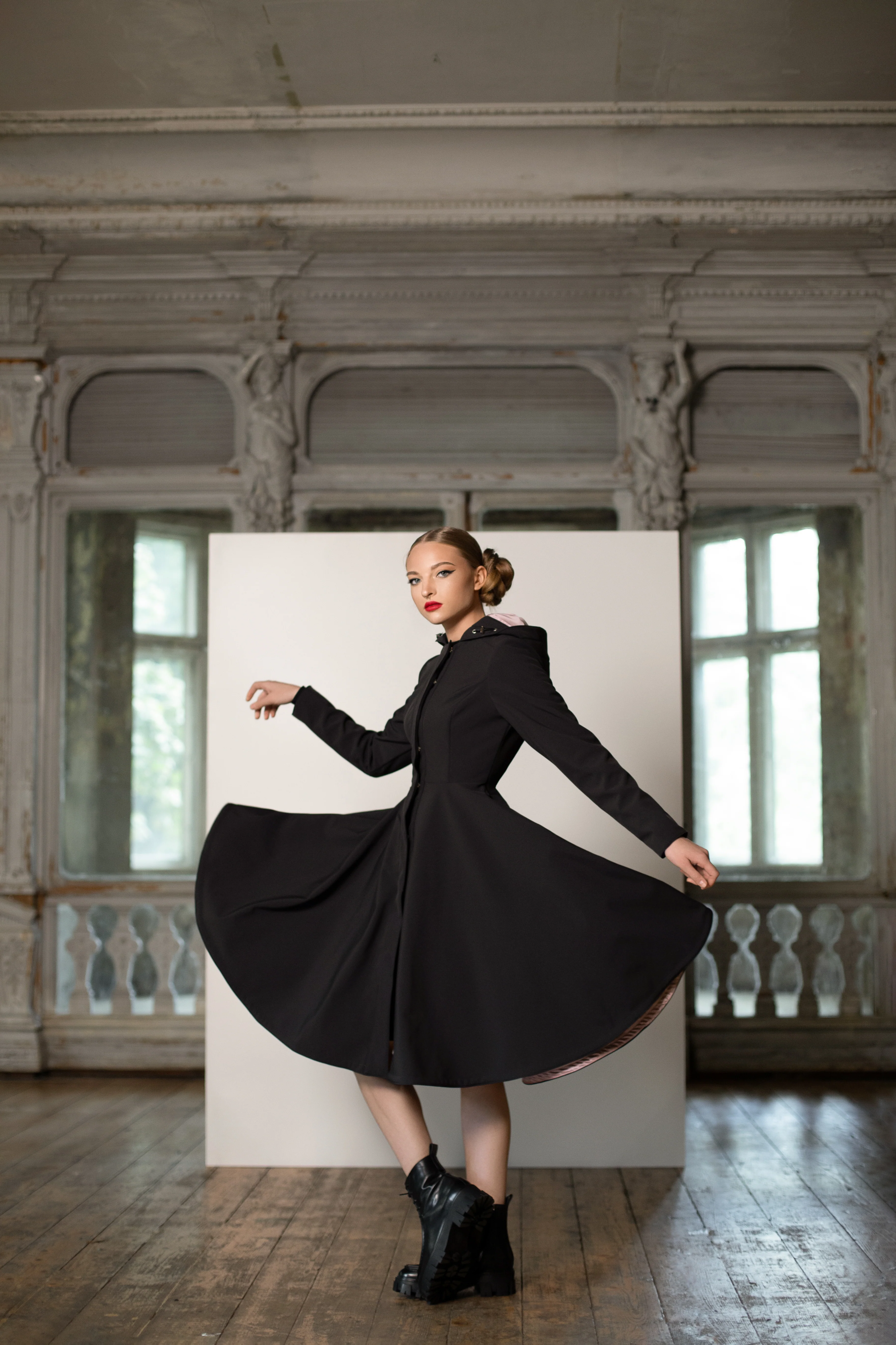 Fit and Flare Coat with Full Circle Skirts in Black and Ash Pink | Midnight Black - Image 3