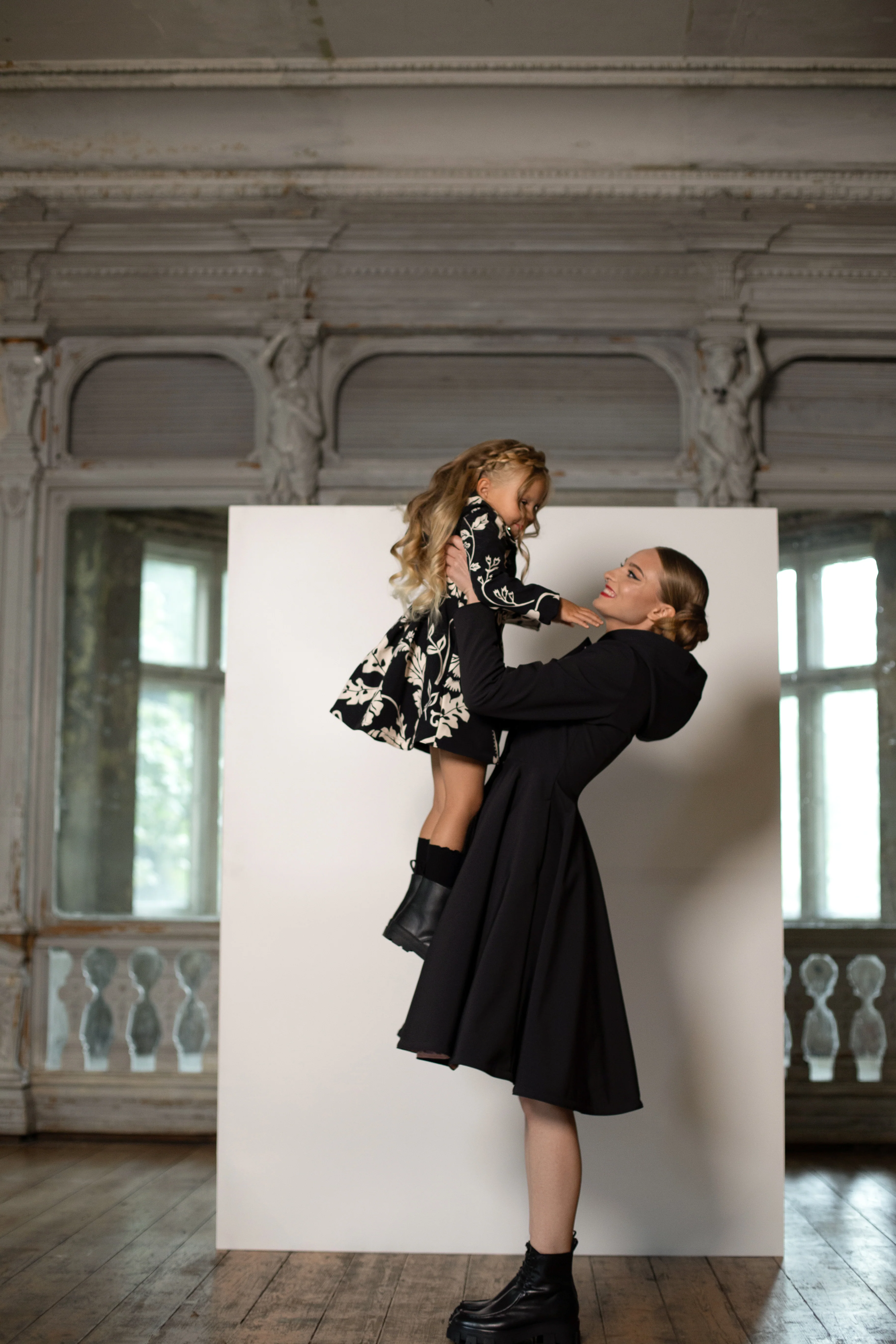 Fitted and Flared Coat for Girls in Black and White | Blooming Night - Image 5