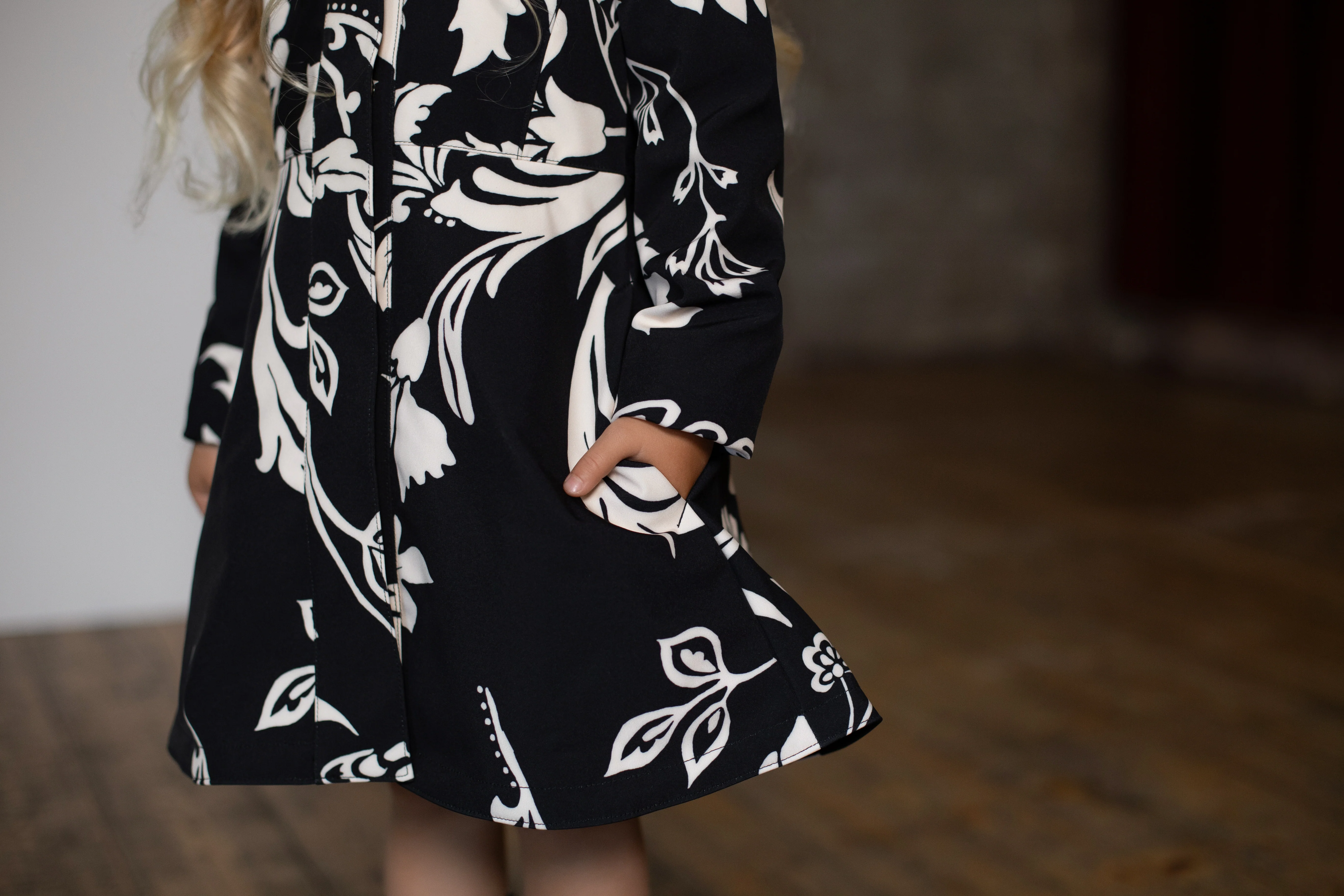 Fitted and Flared Coat for Girls in Black and White | Blooming Night - Image 6