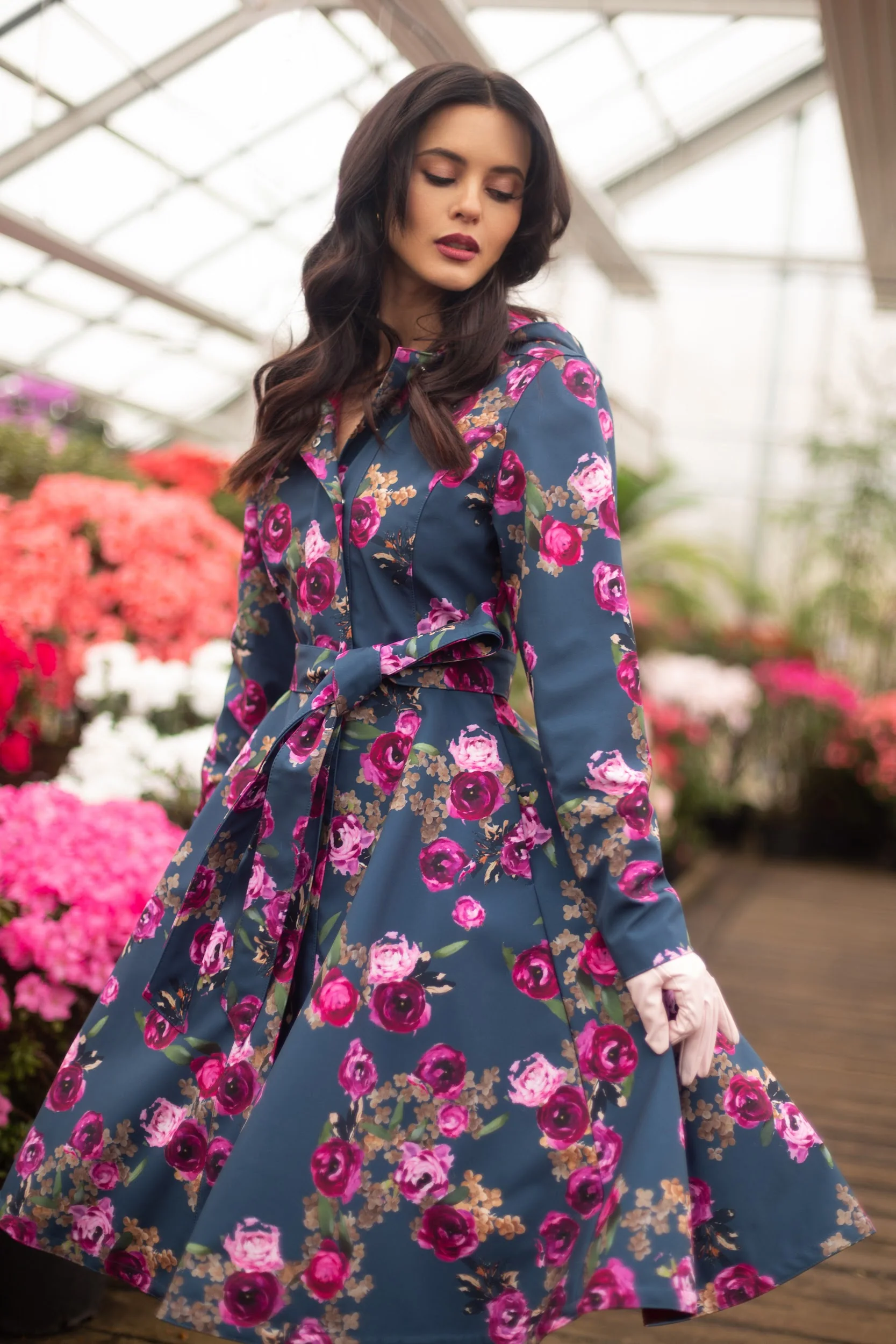 Fit and Flare Coat with Pleated Back in Blue and Pink | Misty Rose - Image 4