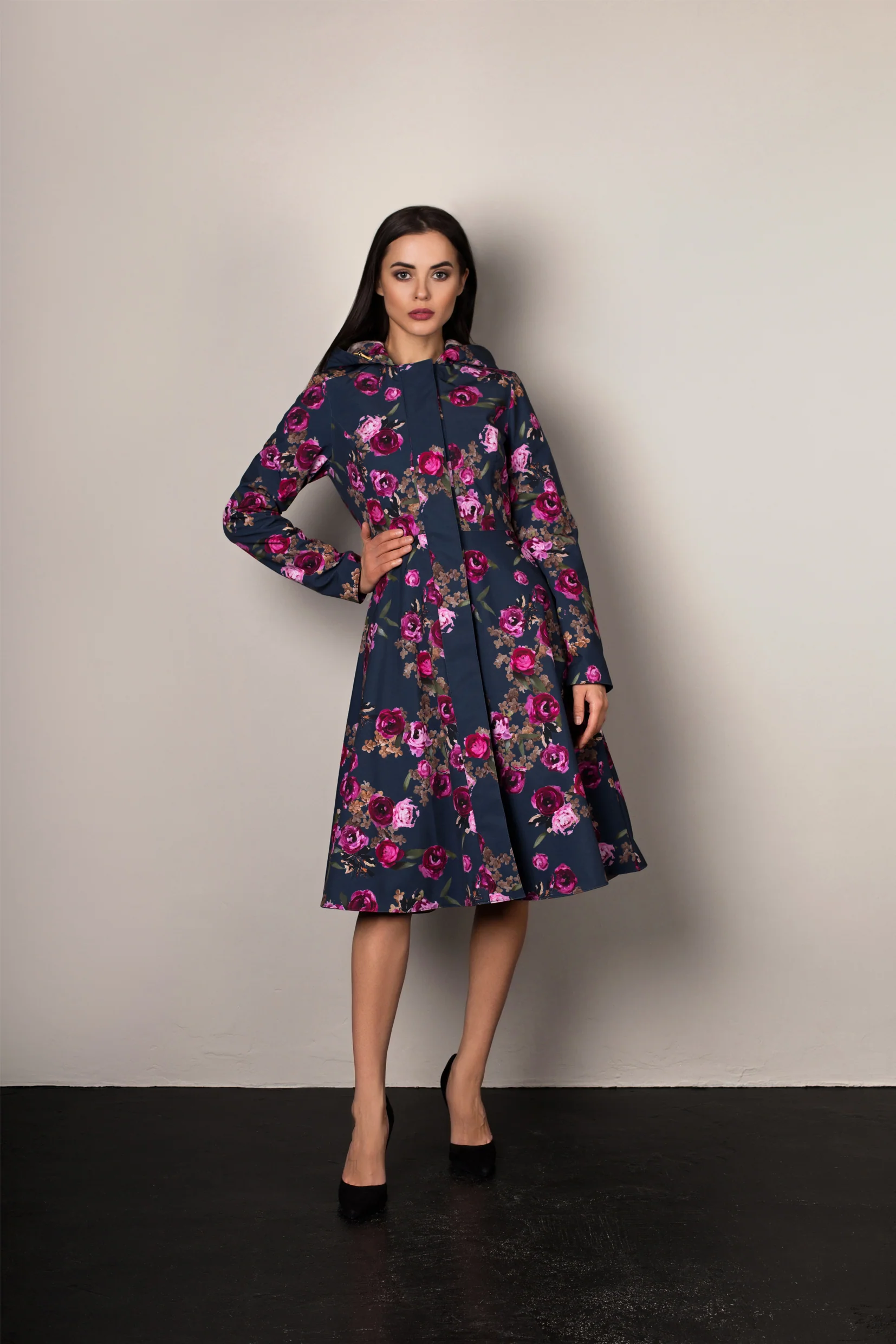 Fit and Flare Coat with Pleated Back in Blue and Pink | Misty Rose - Image 6