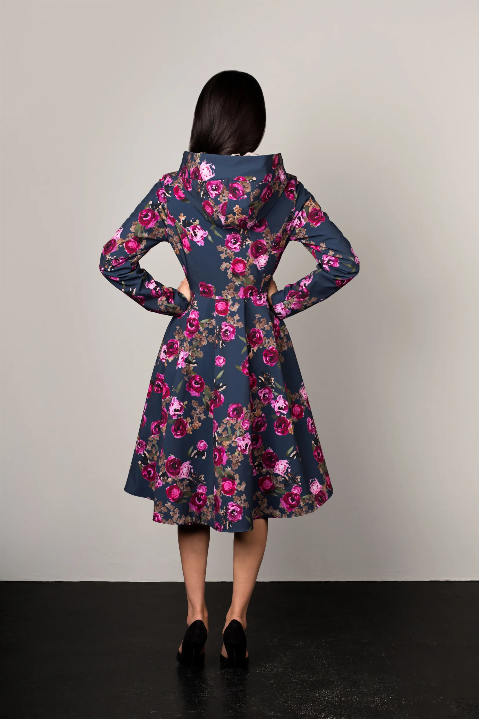 Fit and Flare Coat with Pleated Back in Blue and Pink | Misty Rose - Image 8
