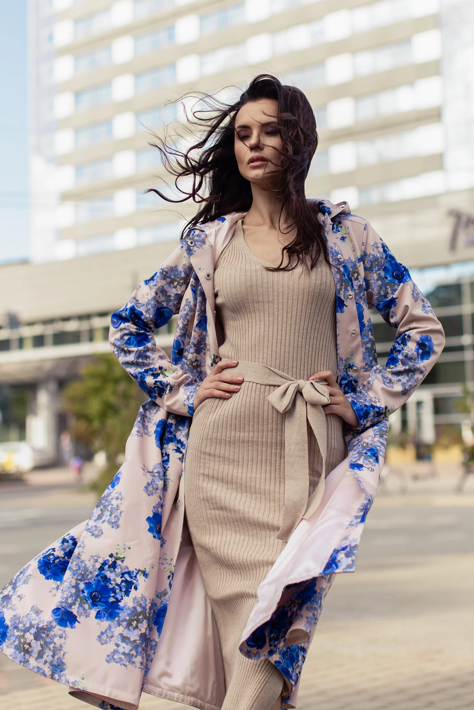 Fit and Flare Coat with Pleated Skirts in Beige and Blue | Cornflower Blue - Image 5