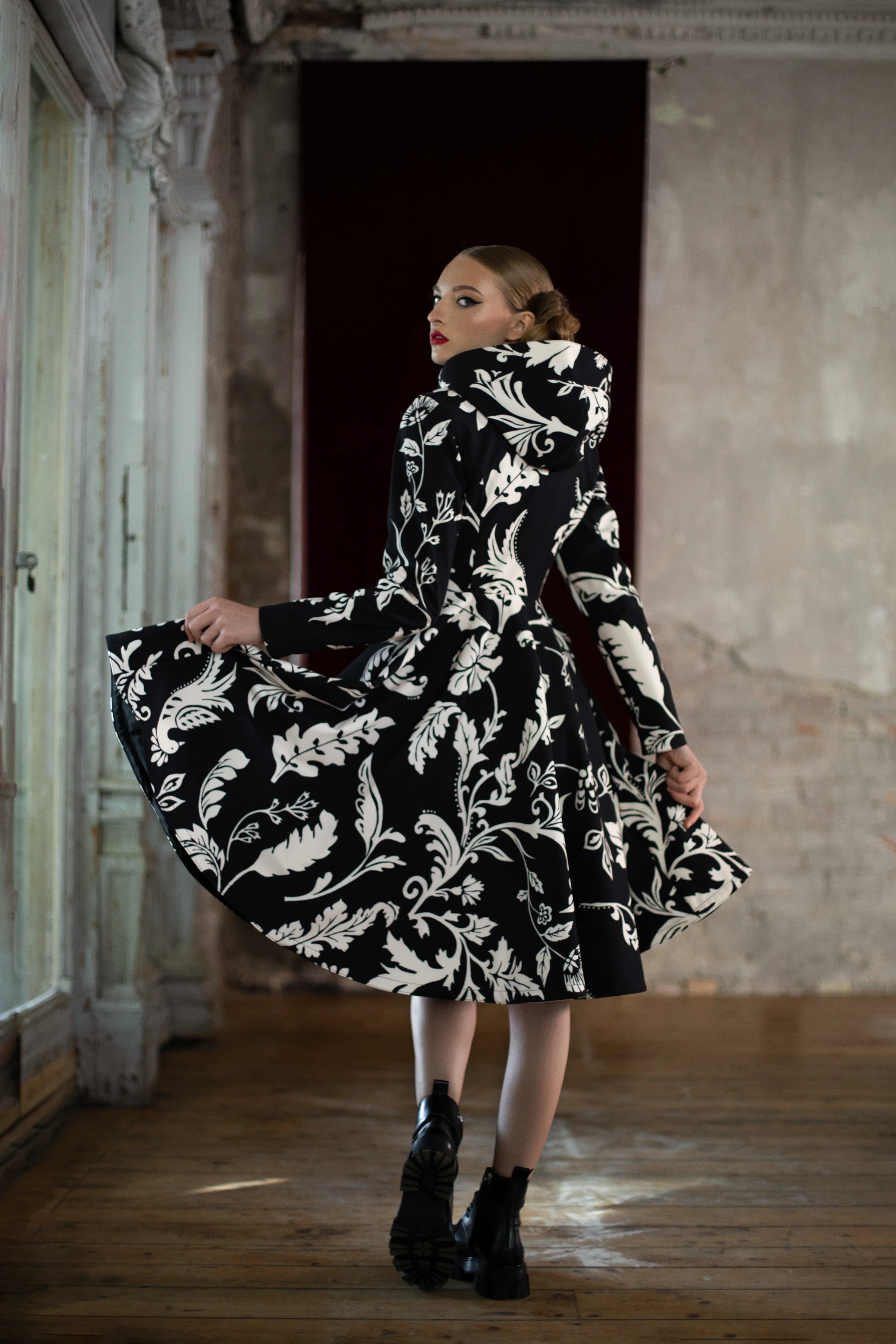 Fit and Flare Coat with Full Circle Skirt in Black and White | Blooming Night - Image 4