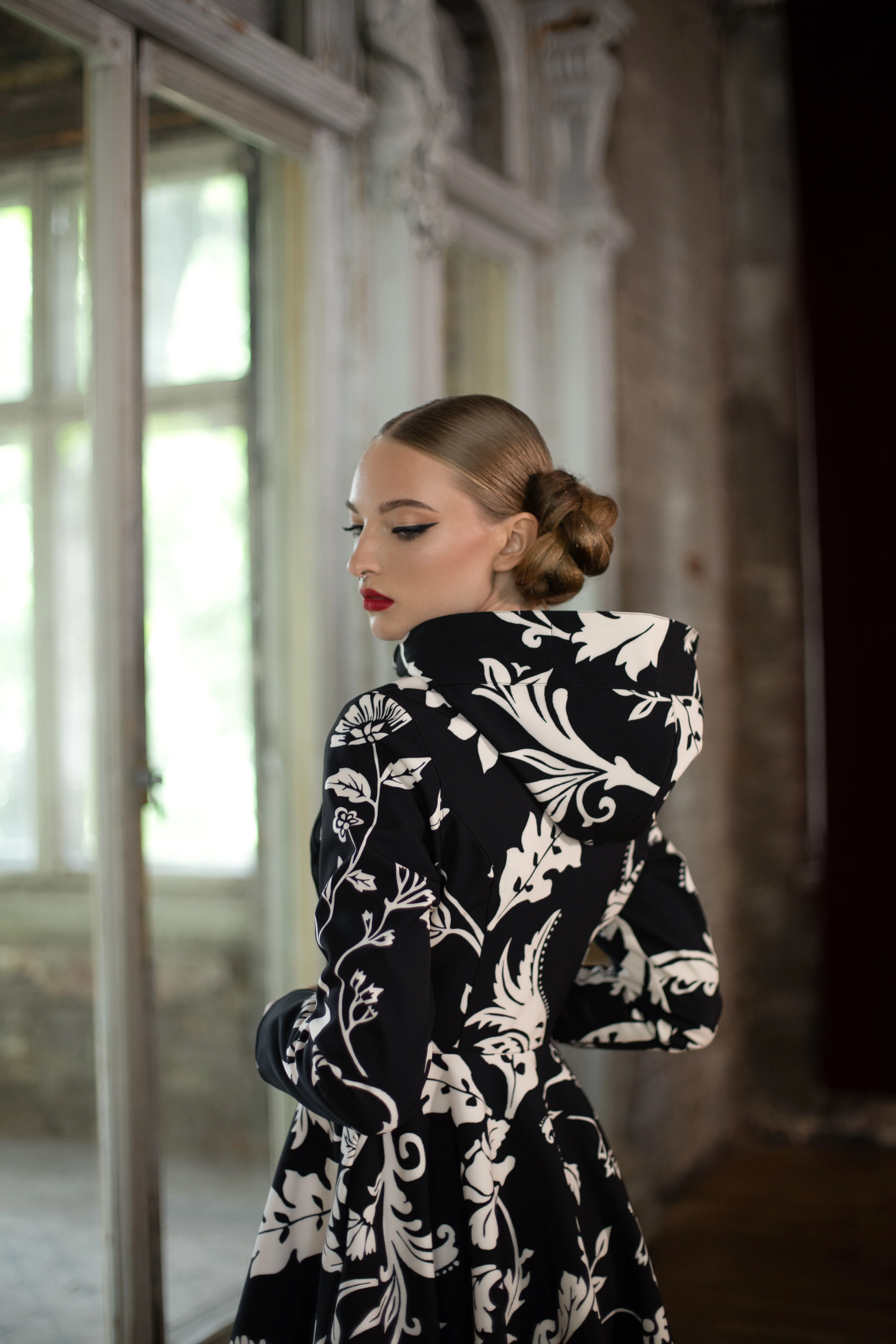 Fit and Flare Coat with Full Circle Skirt in Black and White | Blooming Night - Image 7