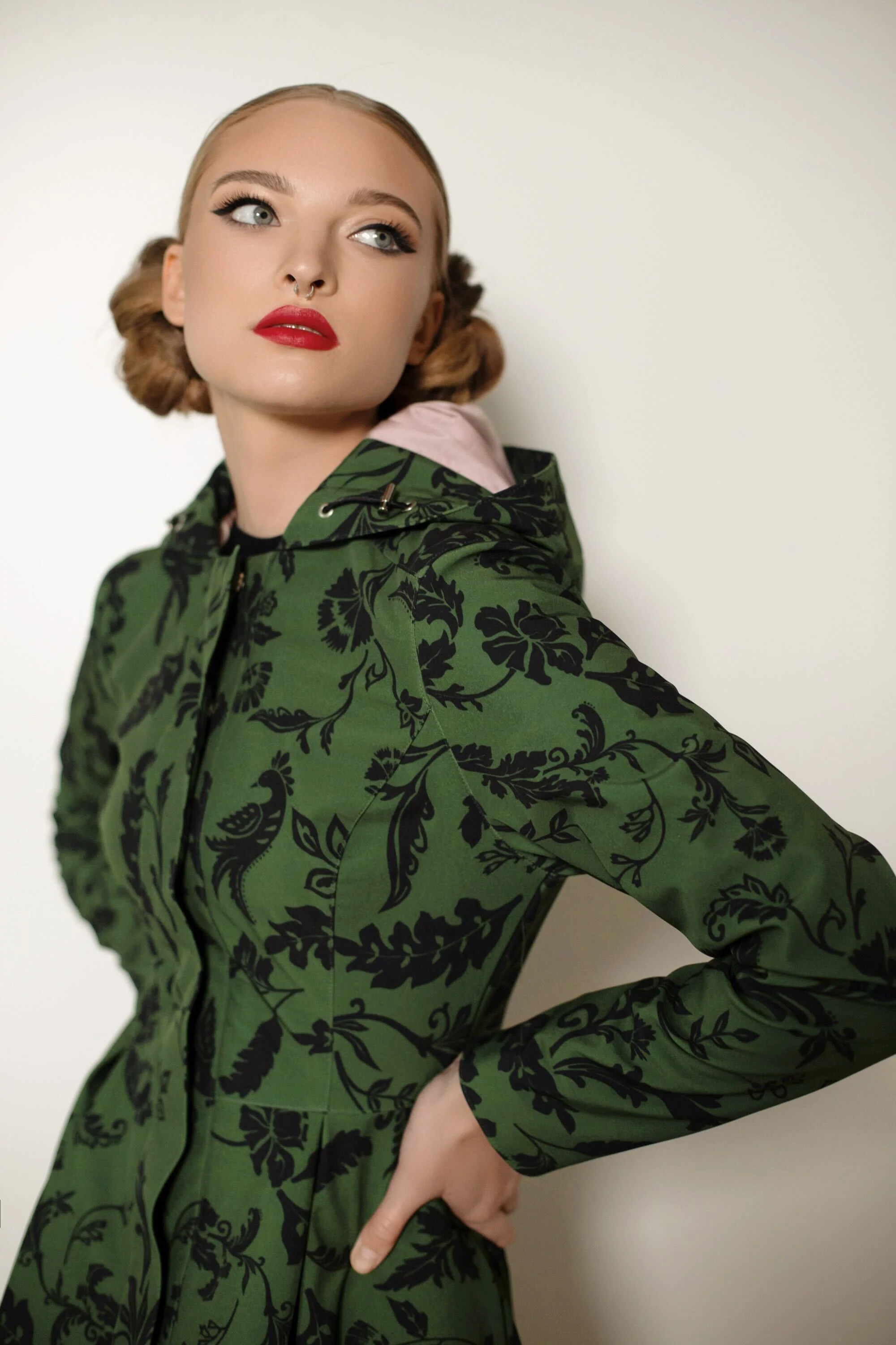 Fit and Flare Coat with Pleated Skirt in Green and Black | Forest Flower - Image 5