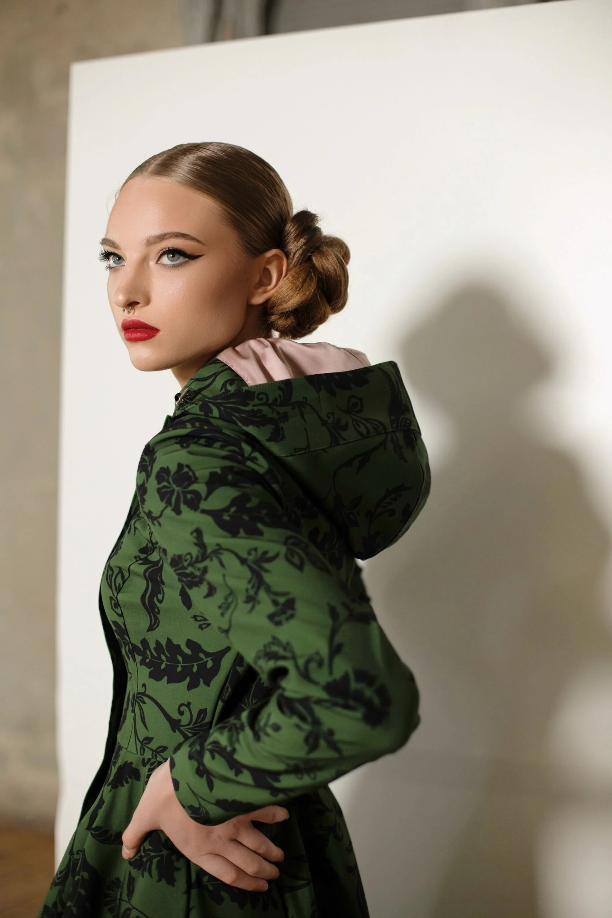 Fit and Flare Coat with Pleated Skirt in Green and Black | Forest Flower - Image 6