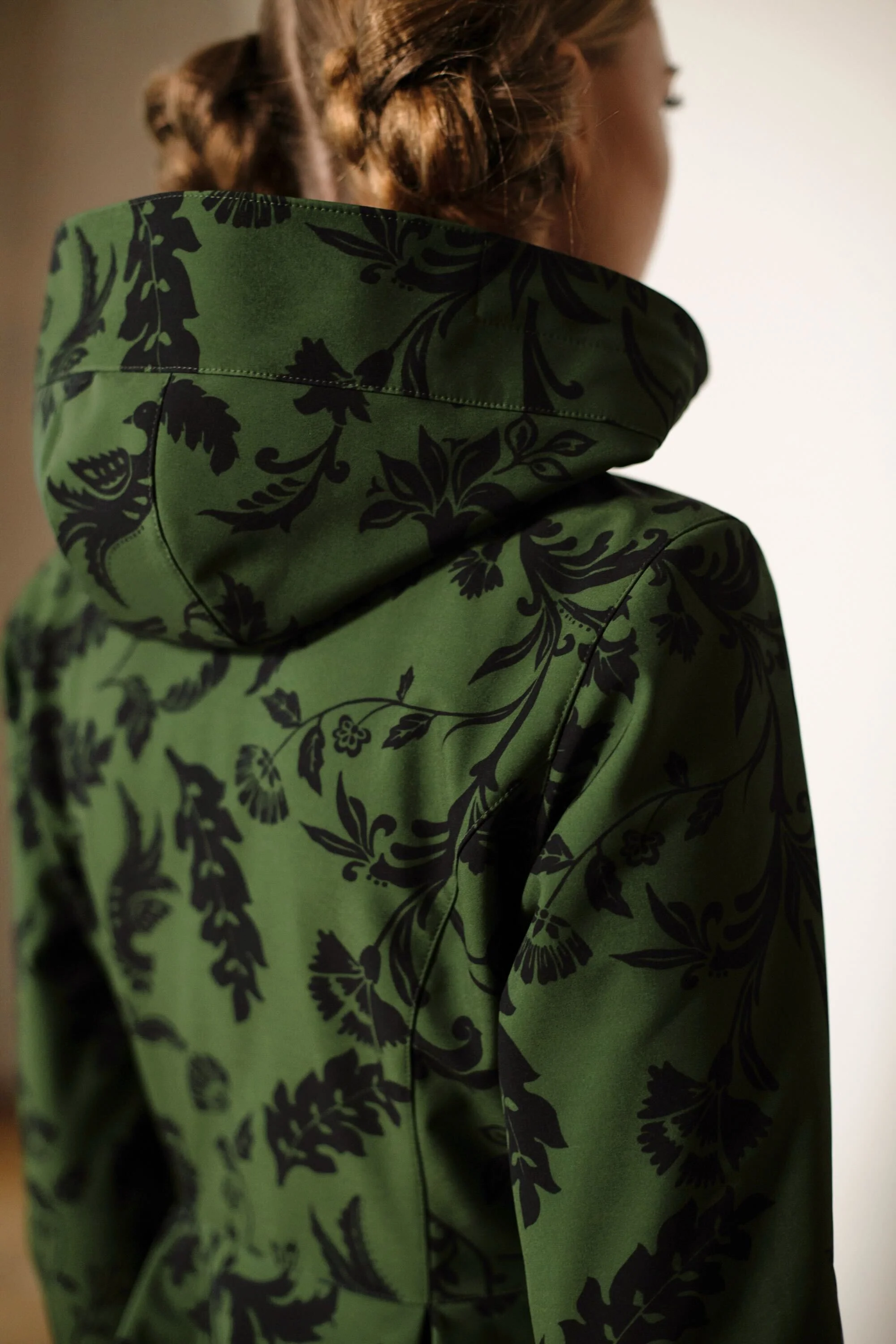 Fit and Flare Coat with Pleated Skirt in Green and Black | Forest Flower - Image 7