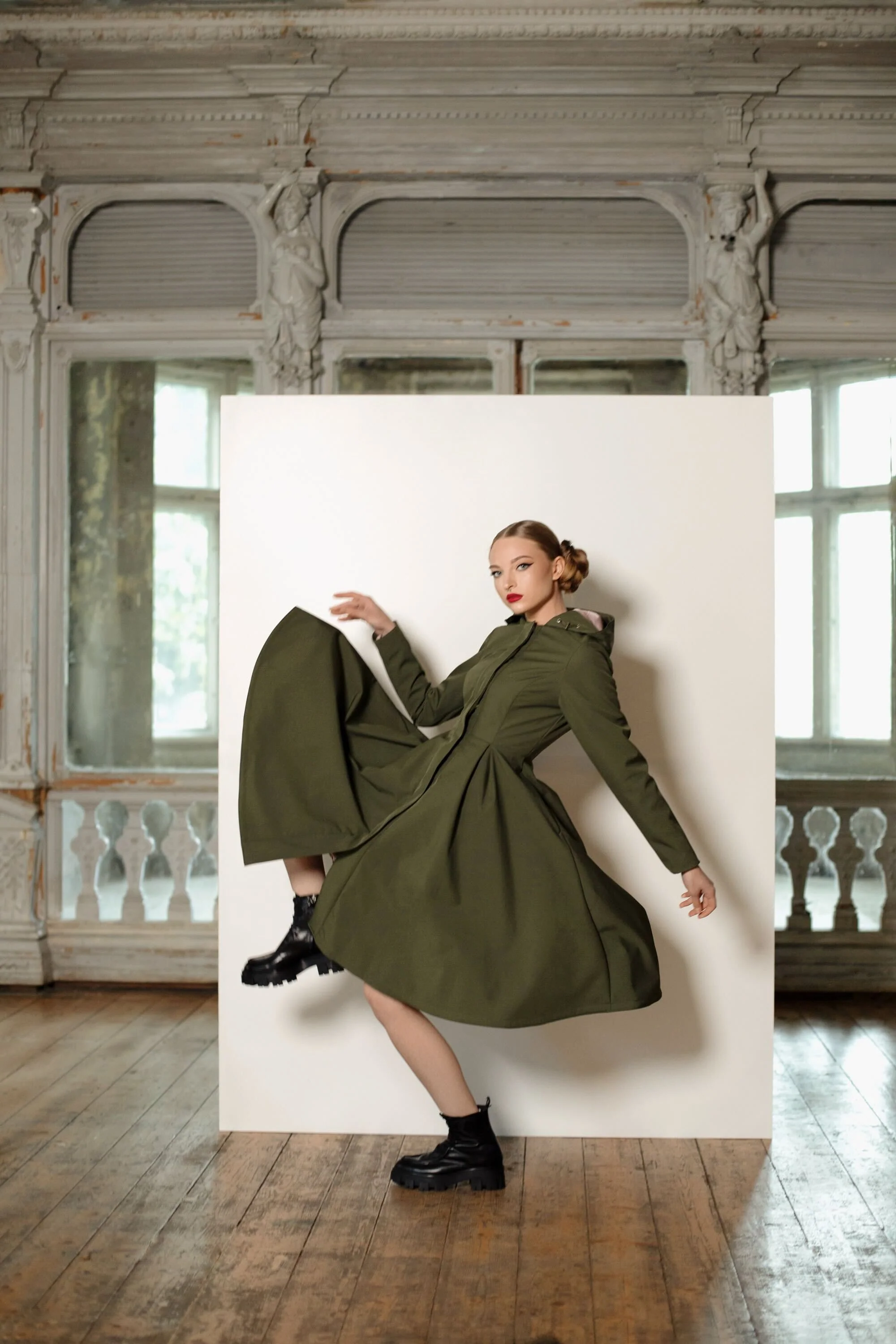 Fit and Flare Coat with Pleated Skirt in Khaki Green | Moss Green - Image 3