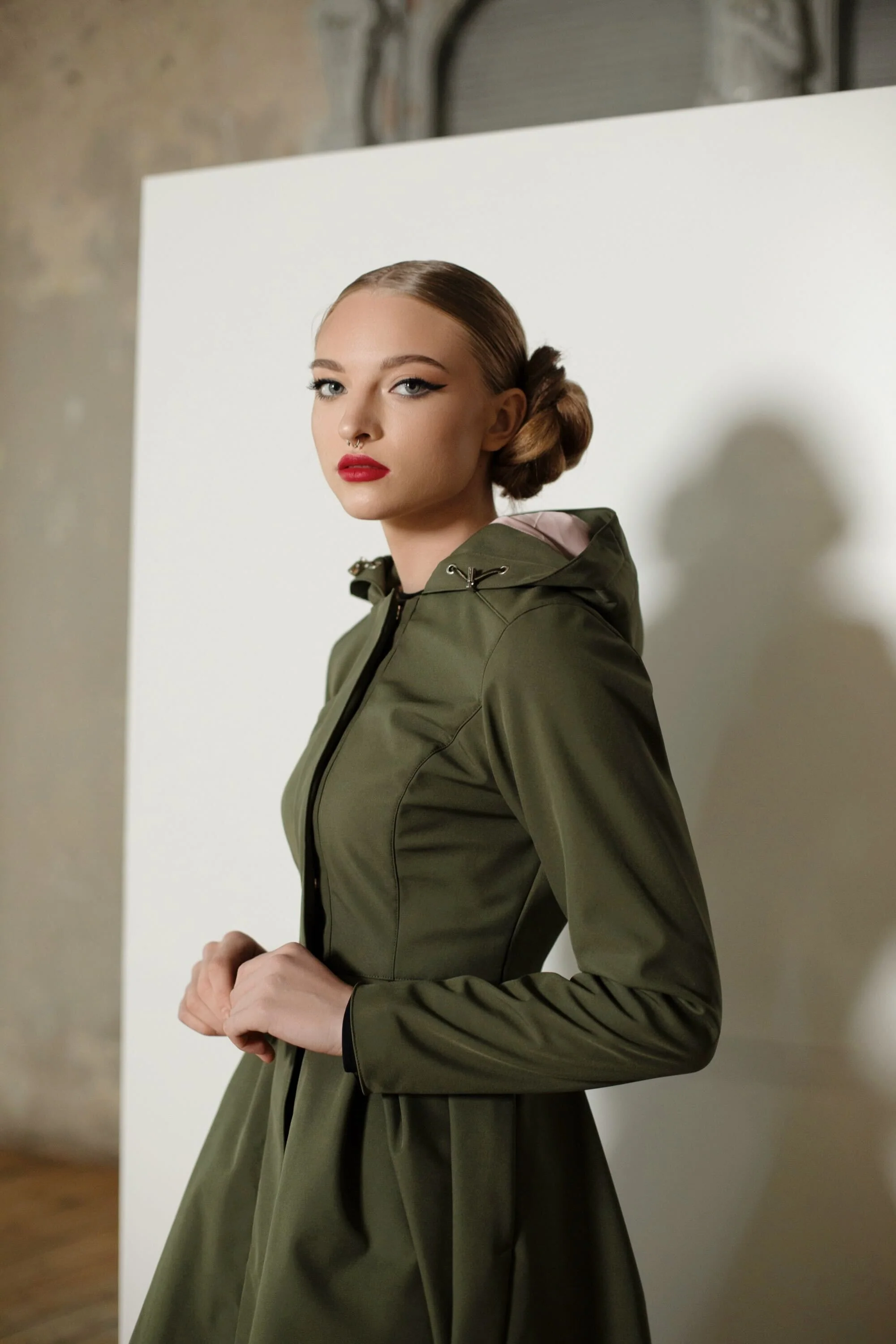 Fit and Flare Coat with Pleated Skirt in Khaki Green | Moss Green - Image 4