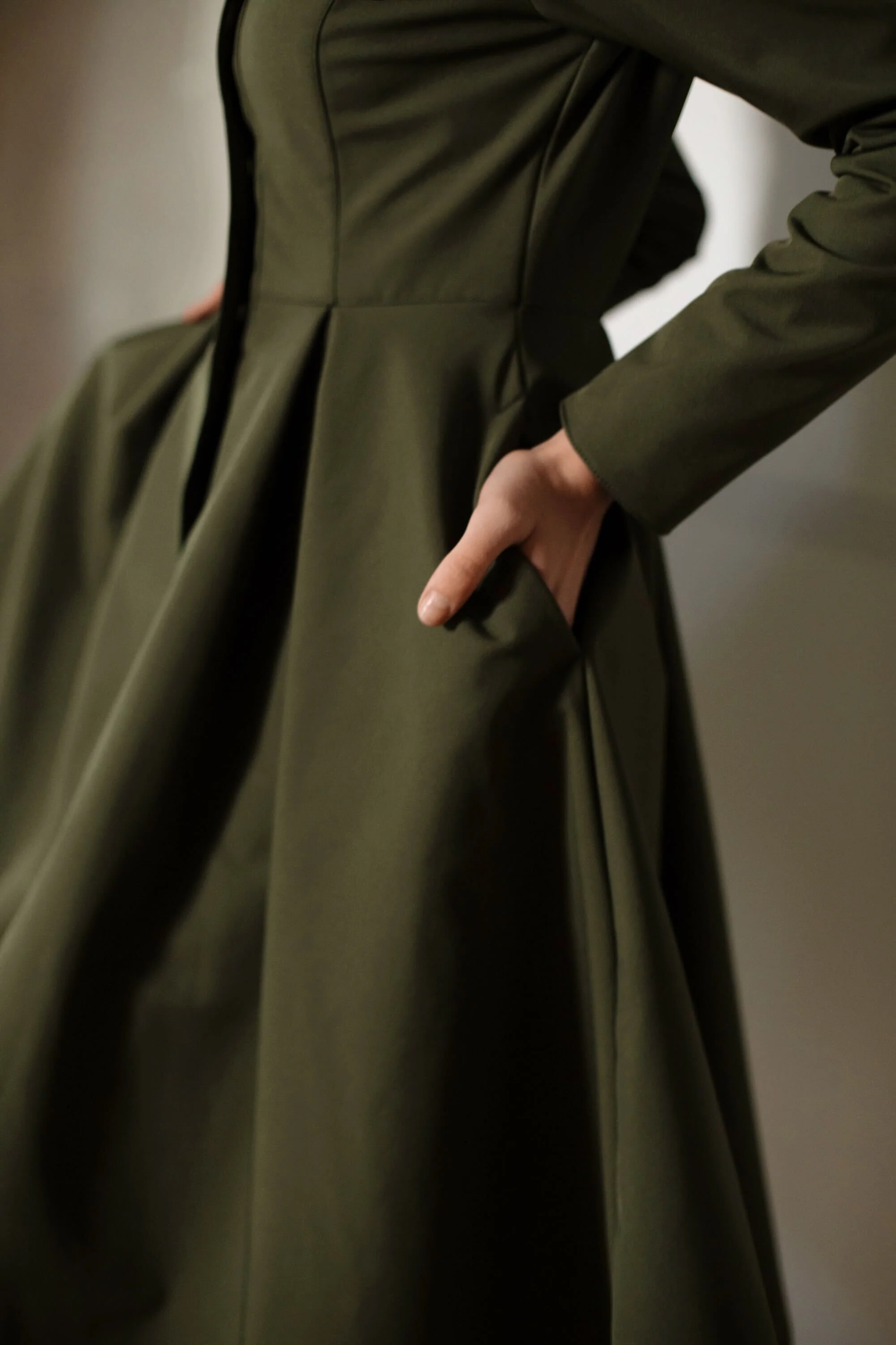 Fit and Flare Coat with Pleated Skirt in Khaki Green | Moss Green - Image 7