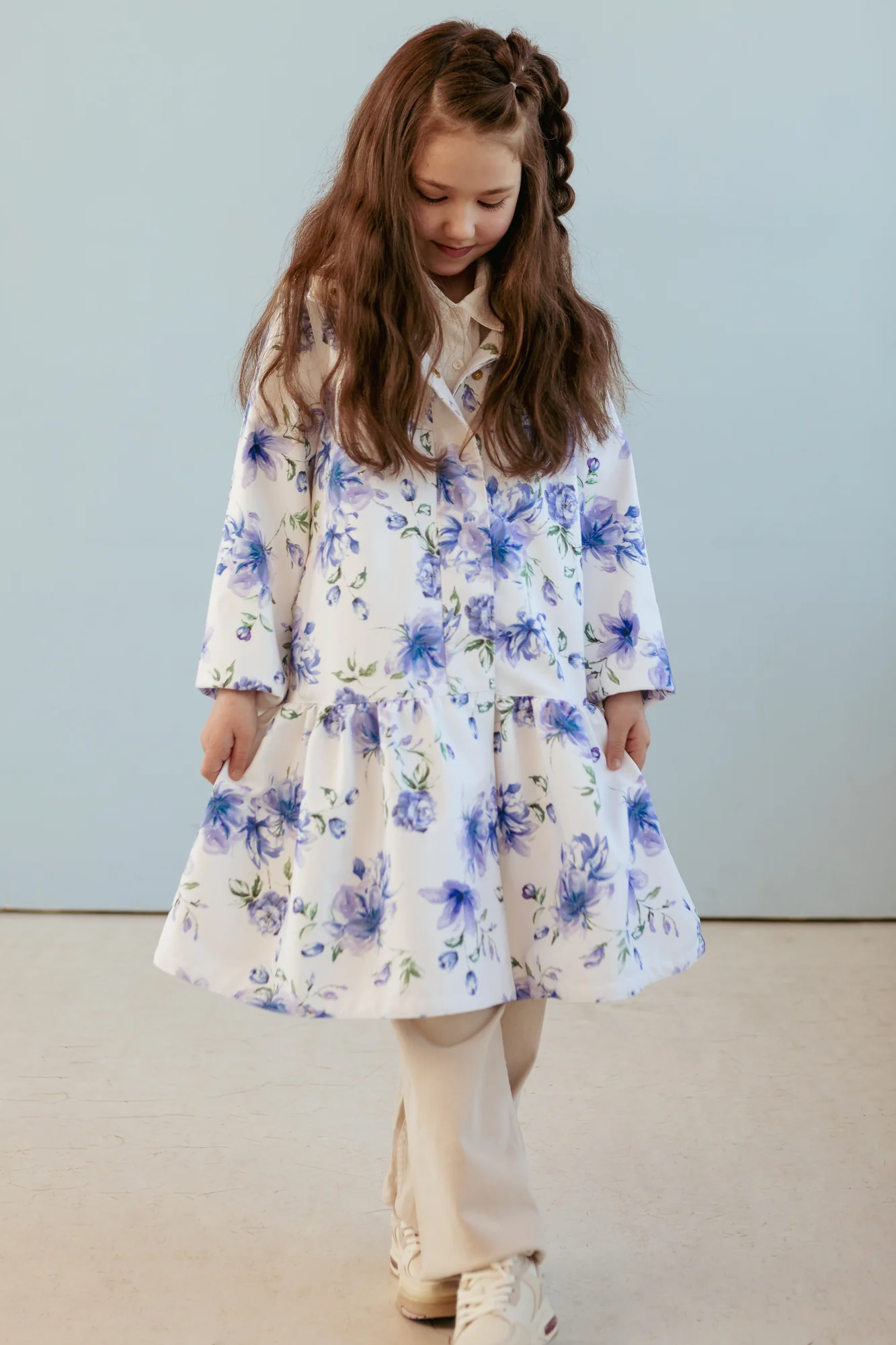 White Trapeze Coat for Girls with Blue Flower Print | Floral Dream - Image 3