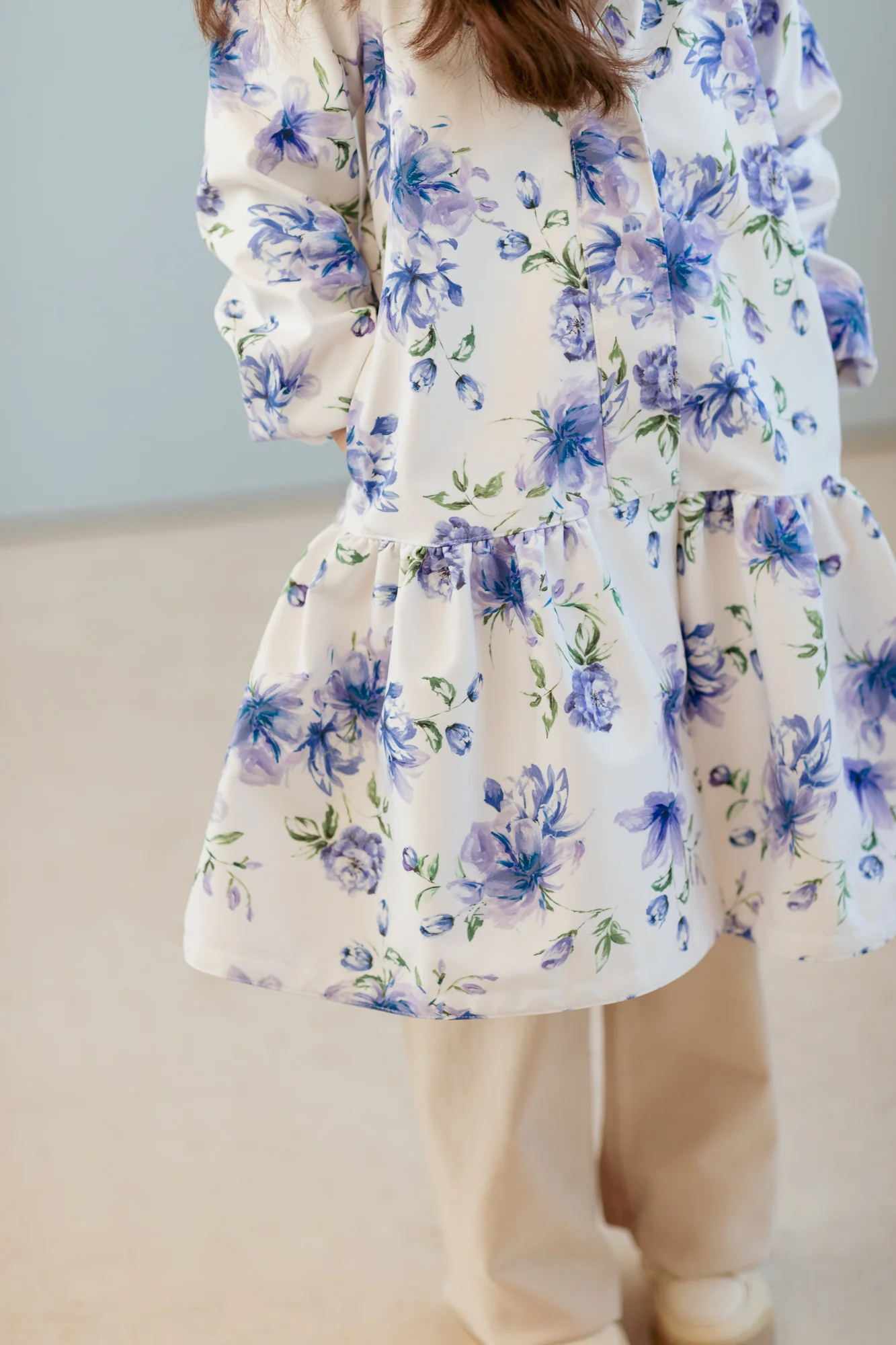 White Trapeze Coat for Girls with Blue Flower Print | Floral Dream - Image 4